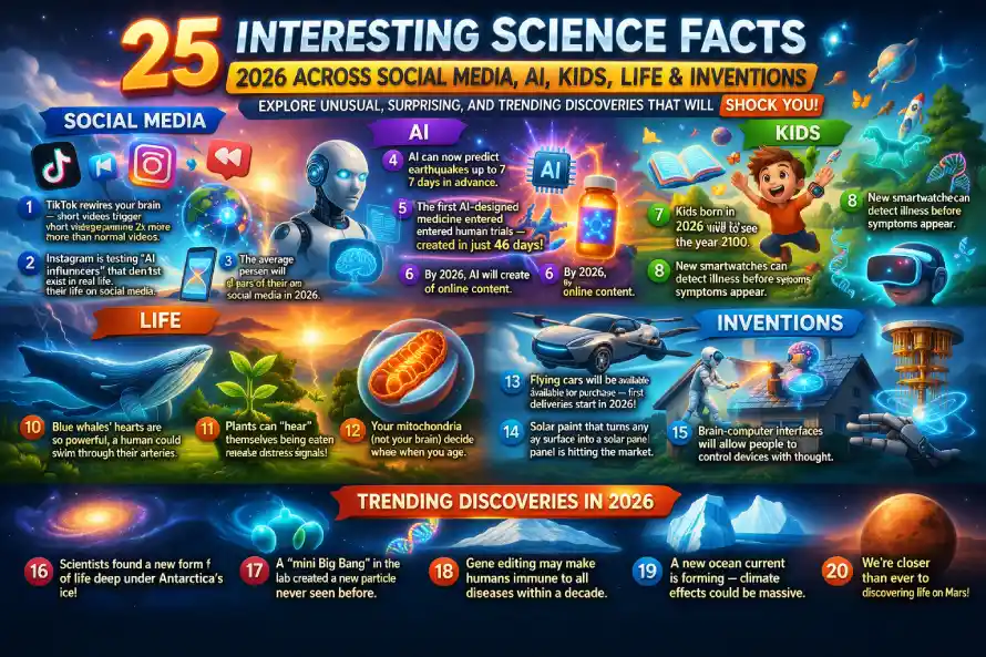 Discover 25 interesting science facts 2026 across social media, AI, kids, life, and inventions. Explore unusual, surprising, and trending discoveries that will shock you.